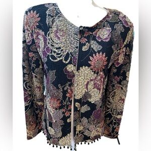 MSK Floral Style Jkt Long Sleeve Shimmer Gold Floral Print Medium Bottom Beads